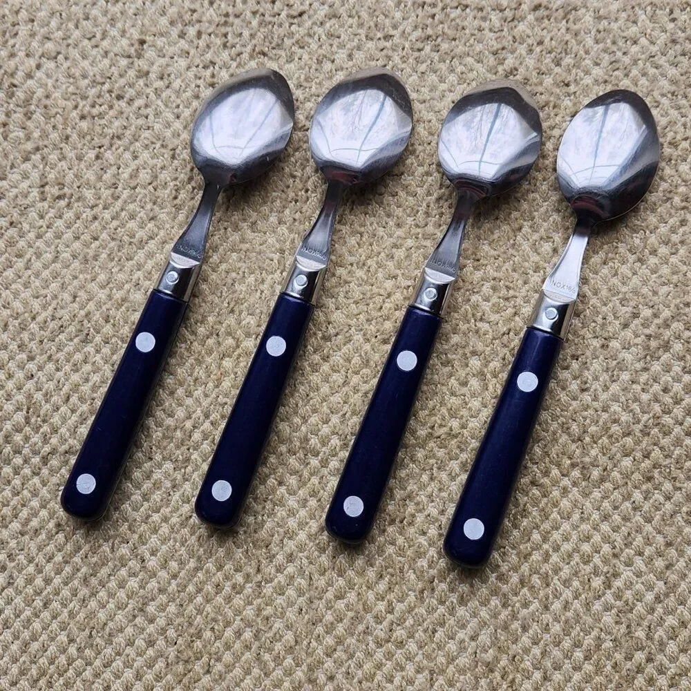 4 Teaspoons Stainless Inox 18/0 Blue Plastic Handle 2 Rivets 6